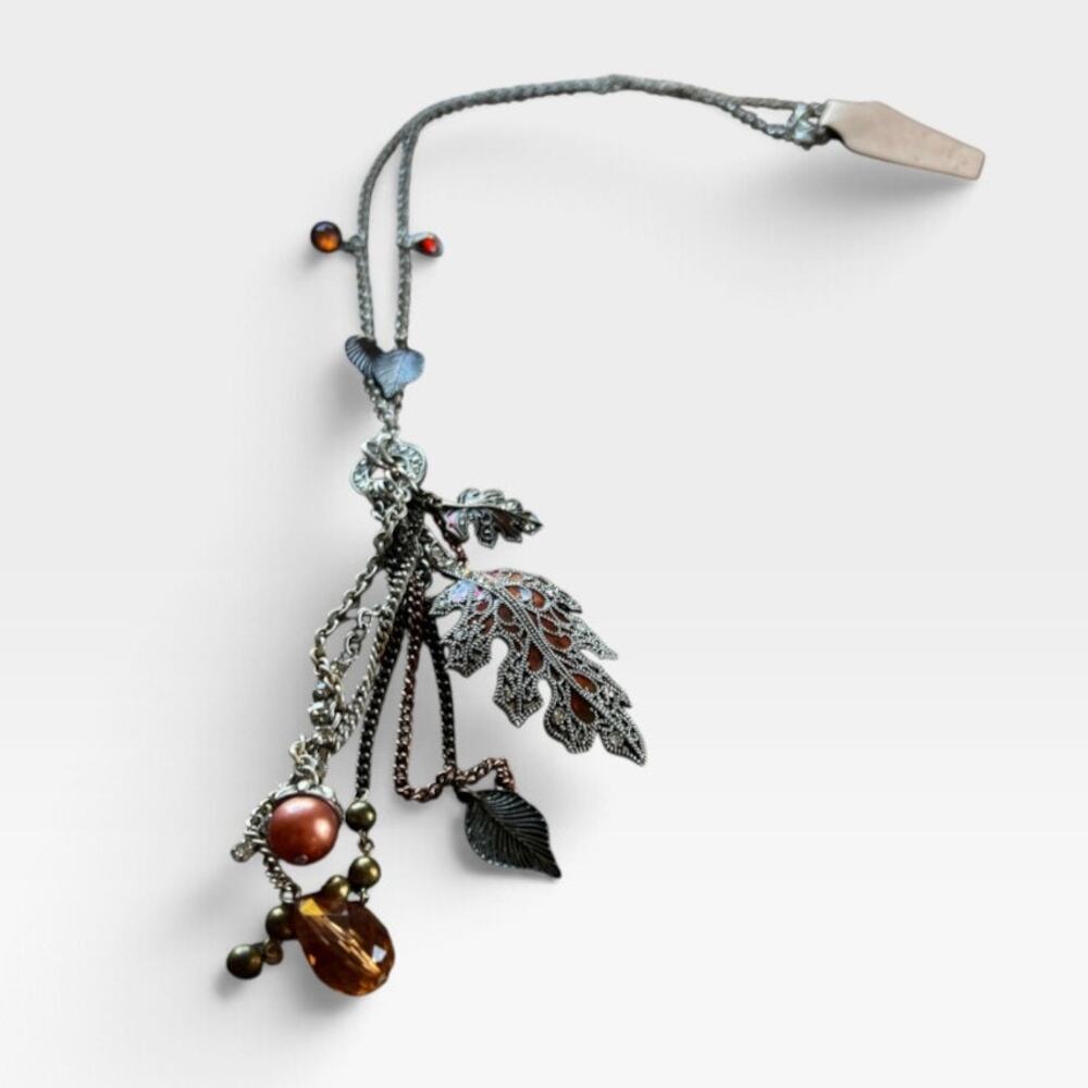 Vintage Silver-Tone Autumn Leaf Tassel Statement Necklace with Crystal Beads